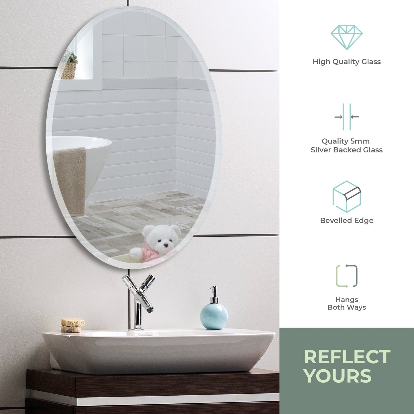 Diana Modern Oval Bathroom Wall Mirror 2 Sizes 50Hx40Wcm and 70Hx50Wcm - Mood Living 