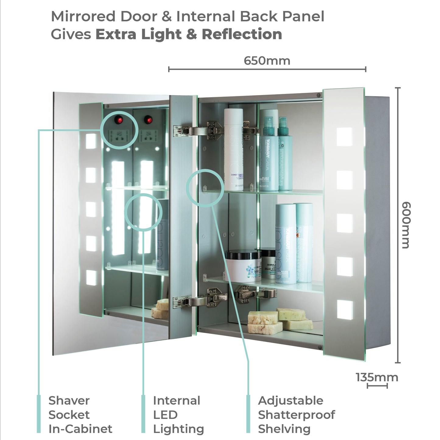 LED Illuminated Bathroom Mirror Cabinet CABM20 Size 60Hx65Wx13.5Dcm Slight Second, Packaging Worn - Mood Living 